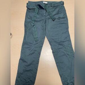 Barely Worn LOFT Teal-Green Women Pants w/ Floral Designs and Tie-Belt, sz6 reg